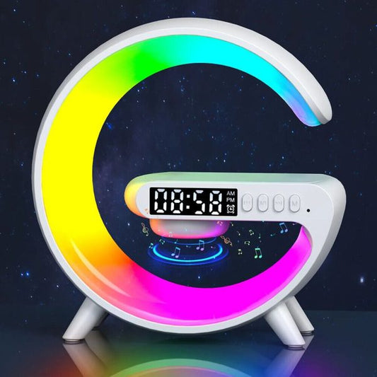 "G63 4-in-1 RGB Bluetooth Speaker with Wireless Charging, Night Light, and Alarm Clock"