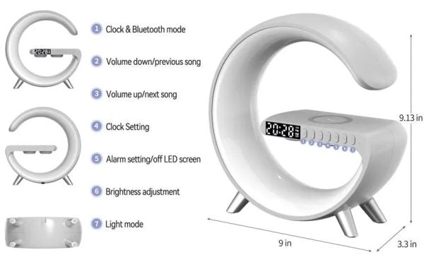 "G63 4-in-1 RGB Bluetooth Speaker with Wireless Charging, Night Light, and Alarm Clock"