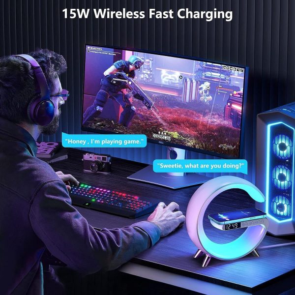 "G63 4-in-1 RGB Bluetooth Speaker with Wireless Charging, Night Light, and Alarm Clock"